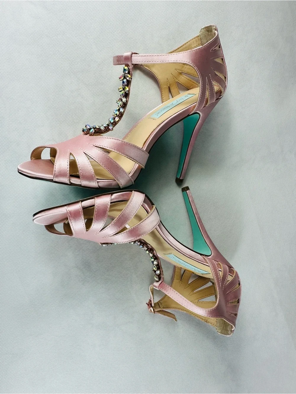 Betsey Johnson Rose Pink Satin Open-Toe Heels with Jeweled Ankle Detail